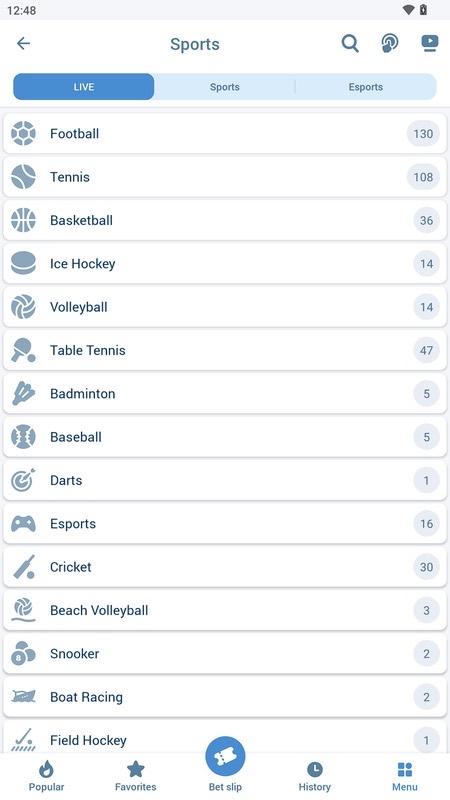 1xBet : liste des sports en direct